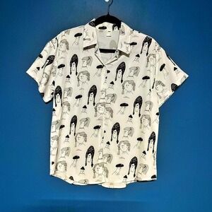 Phil Uda Hairstyle Button Down Men's Size Medium White Black Doodle Cartoon Twee